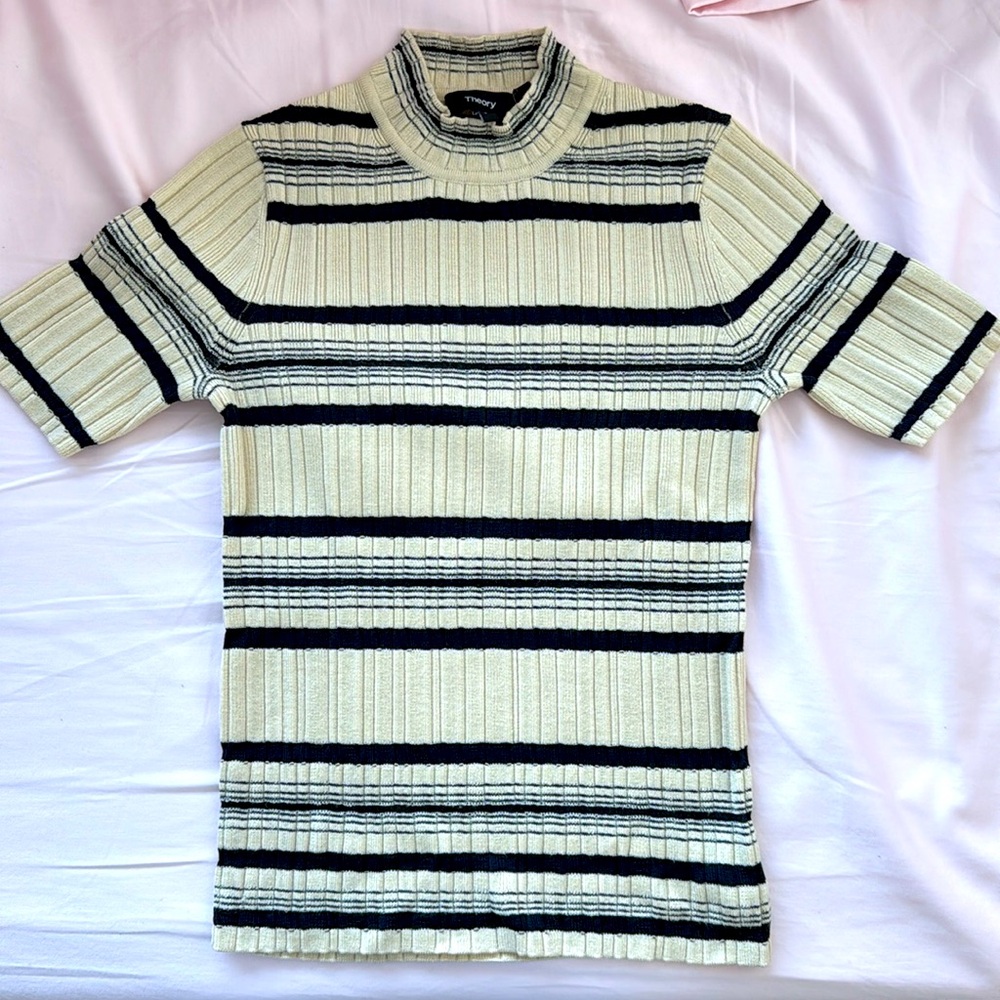 PRICE NEGOTIABLE! Theory short sleeve beige/navy striped turtleneck sweater